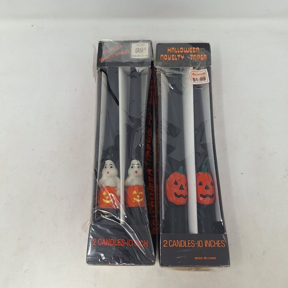Vintage Novelty Halloween Black 10 Inch Taper Candles Lot Of 2 Ghosts Pumpkins